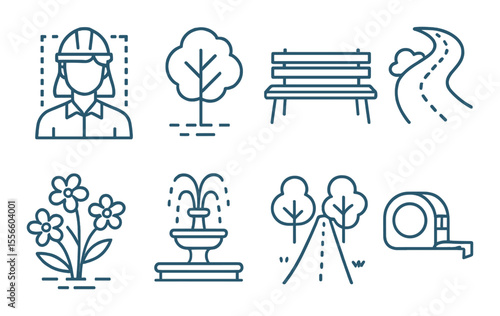 Park design blueprint icons set – outline, garden and landscape planning symbols