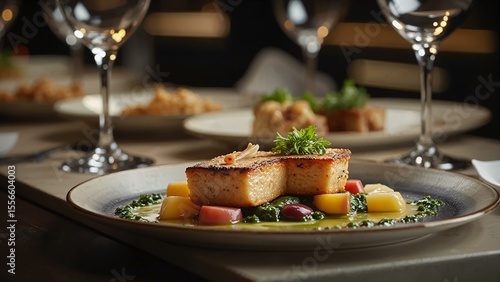 Elegant fine dining presentation during final stages of food preparation