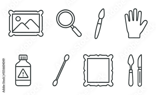 Art conservation tools icons set – outline, restoration and preservation symbols