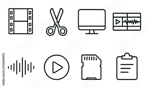 Film editing icons set – outline, movie production and video editing elements