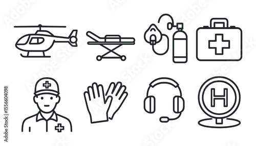 Emergency air response line icons set – medical aviation and rescue symbols
