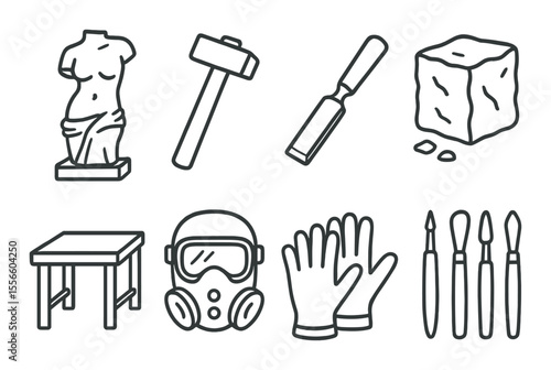 Sculptor's toolkit line icons set – tools, artistry and craft symbols