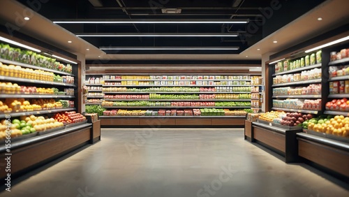 Photorealistic supermarket interior with well-lit aisles and detailed textures