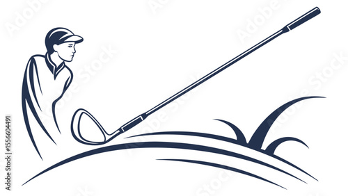 Stylized Golf Player with Club on Green Hill Illustration.