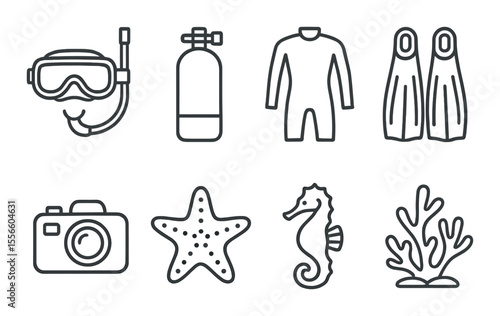 Diving equipment linear icons set – snorkel, scuba, underwater adventure symbols