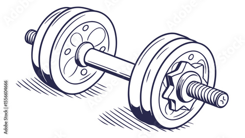 Handdrawn illustration of a dumbbell with detailed weights and threaded bar.