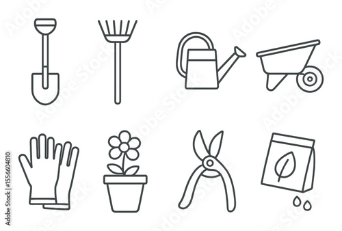 Gardening tools icons set – outline, farming and horticulture symbol designs