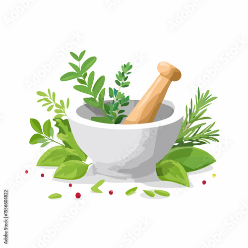 A mortar and pestle with herbs beside it
