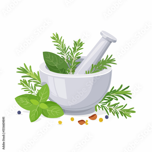 A mortar and pestle with herbs beside it
