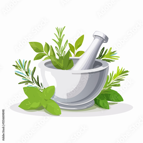 A mortar and pestle with herbs beside it
