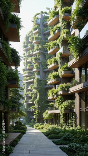 Artistic rendering of a sustainable urban building with vertical gardens and natural light