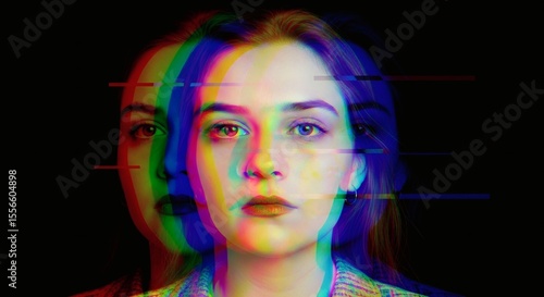Woman portrait with glitch effect and rgb color separation for digital art and creative design work