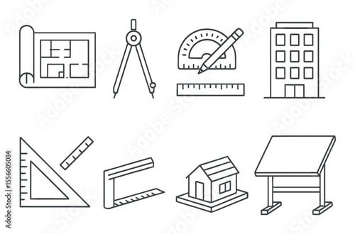 Architecture linear icons set – blueprint, drafting and construction design symbols
