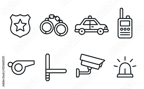 Police gear icons set – silhouette, law enforcement, security symbols