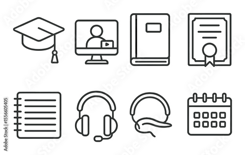 Online learning essentials icons set – line, education and e-learning symbol pack
