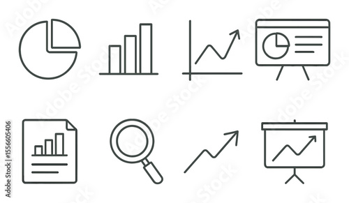 Analytics and data icons set - outline, metrics and statistics symbol collection
