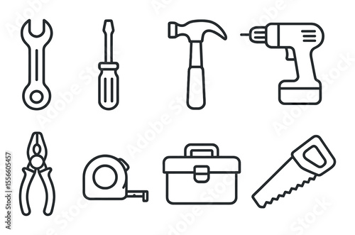 Tool icons set – outline, simple repair and handy toolkit symbols for projects