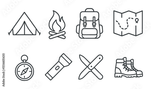Camping essentials icons set – line, outdoor adventure and trekking symbols