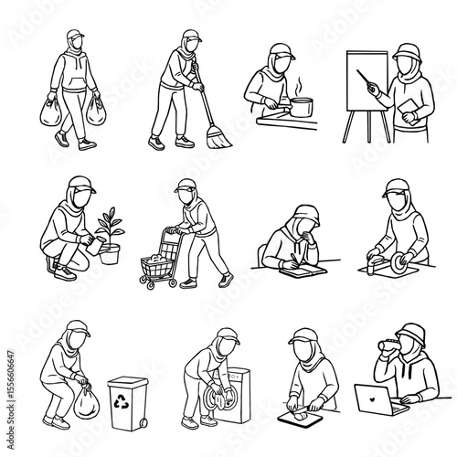 Hijab Woman Daily Activity Outline Vector Set. A collection of hijabi women in daily activities. Set of Muslim women wearing hijab doing productive tasks. set of hijab women in various poses. 