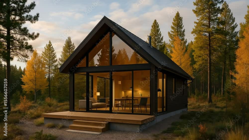 A-frame cabin in a forest setting, captured at eye level. Warm interior lighting contrasts with the autumn foliage. Ideal for a cozy lifestyle video. Live desktop wallpaper. A-frame cabin in a forest setting, captured at eye level. Warm interior lighting contrasts with the autumn foliage. Ideal for a cozy lifestyle video. Live desktop wallpaper.