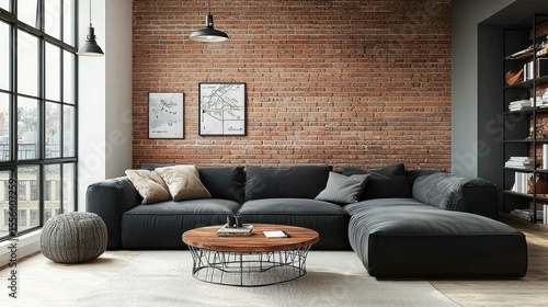 Modern loft living room with exposed brick