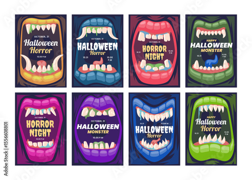 Set of monster mouths poster collection with halloween text, Funny facial expression, open mouth with tongue and drool, Set of lips of monsters cartoon style terrible emotions, facial expressions