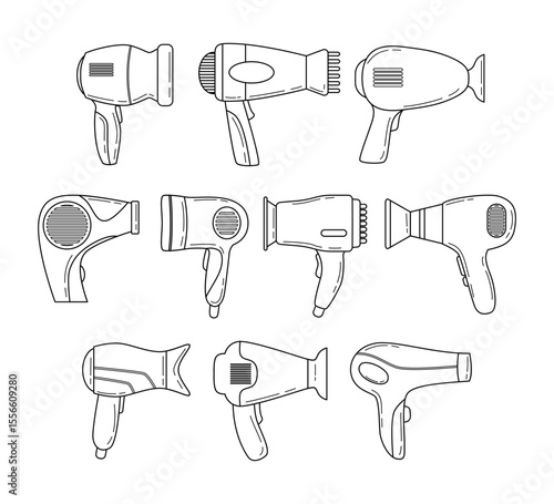 Set of hairdryer doodle outline collection for hairdresser salon with cartoon style, barbershop or home usage. Electric barber tool for drying hair, Blow Dryer icon, vector illustration.
