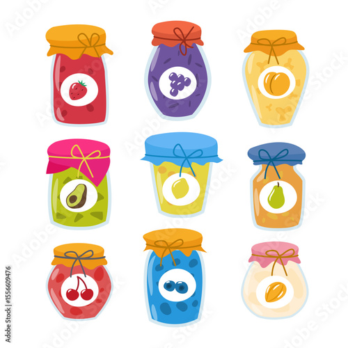 Set of fruit jam jar collection, fruit jams in glass jars in cartoon style. homemade jam, natural organic products, contain strawberry, berries, peach, avocado, lemon, pear, cherry, mango.
