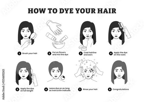How to dye your hair at home step by step instruction educational infographic poster design, Process of hair coloring for woman, change the hair color. Vector illustration.