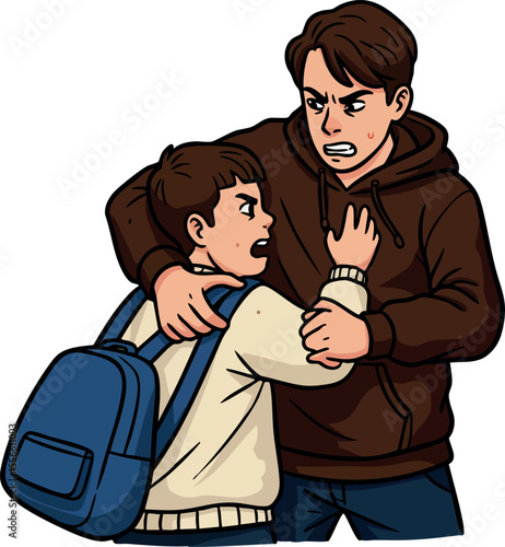 Two boys fighting aggressively in casual clothes and backpack showing conflict and anger vector illustration