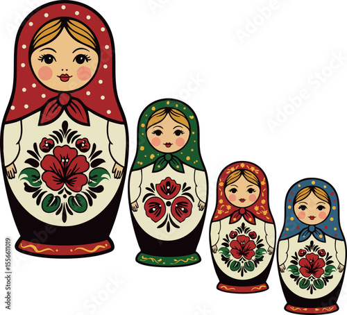 Russian nesting dolls with traditional floral patterns in red, green, orange, and blue headscarves vector illustration