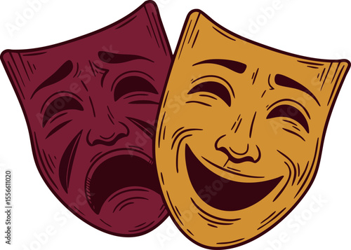Comedy and Tragedy Theater Masks Classic Drama Symbols Vector Illustration in Red and Orange Colors