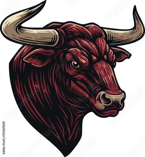 Bull head vector illustration with fierce red and brown colors and detailed horns design for strong animal concept
