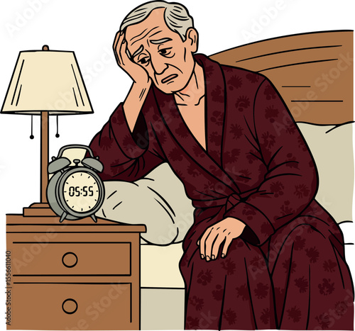 Elderly man sleepless in early morning sitting on bed in robe next to alarm clock vector illustration
