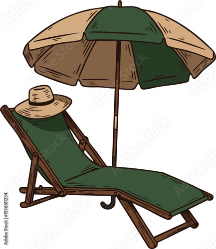 Beach lounger with green umbrella and straw hat for summer relaxation vector illustration