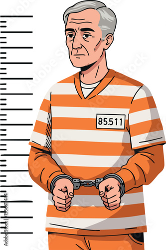 Elderly male prisoner in orange striped uniform with handcuffs and identification number standing by height measurement vector illustration
