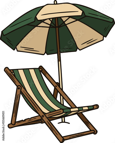 Beach chair and umbrella vector with green and beige stripes for summer outdoor relaxation and vacation design elements