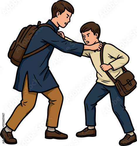 Conflict between two young boys fighting aggressively with backpacks vector illustration