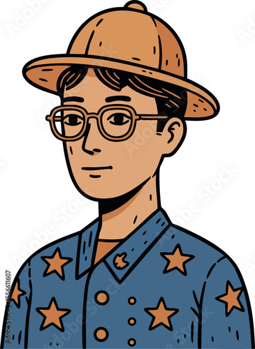 Young man with glasses wearing star patterned shirt and orange hat in vector style illustration
