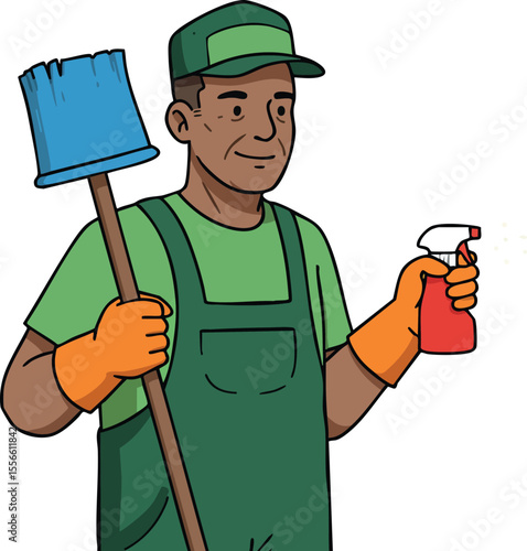 Male janitor holding broom and spray bottle cleaning supplies vector illustration in uniform and gloves