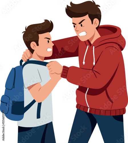 Aggressive young man bullying schoolboy with backpack in red hoodie showing anger and confrontation vector illustration