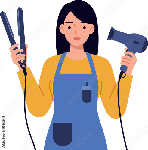 Woman holding hair dryer and hair straightener in blue apron and yellow shirt vector illustration
