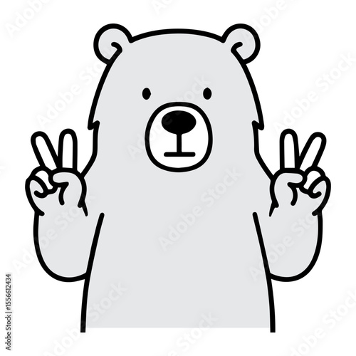 Cute Outline Cartoon Bear with Peace Sign Gesture Illustration Icon