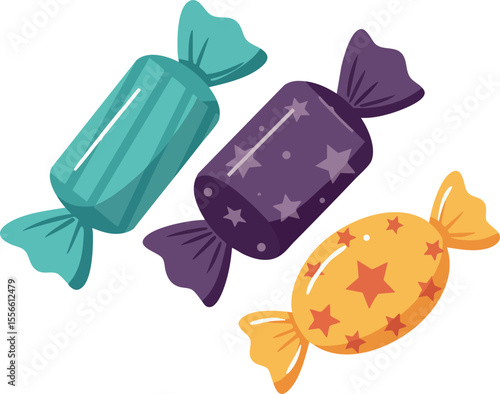 Colorful wrapped candy sweets with star patterns in teal purple and yellow vector illustration for festive treats and fun snacks