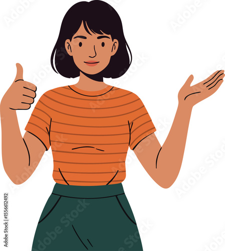Woman with thumbs up gesture and open hand wearing orange striped shirt and green pants vector illustration