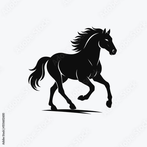A black silhouette of a galloping horse with flowing mane and tail, isolated on a white background