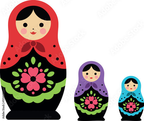 Russian nesting dolls traditional matryoshka set with floral ornament in red purple and blue colors vector illustration