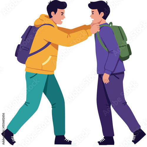 Two young men confronting each other aggressively with backpacks and casual clothing in a tense outdoor conflict scene vector illustration