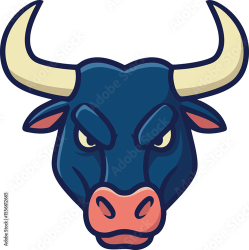 Bull head vector illustration with fierce expression and beige horns in dark blue and pink colors