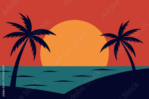 Sunset Silhouette Tropical Beach Scene with Palm Trees